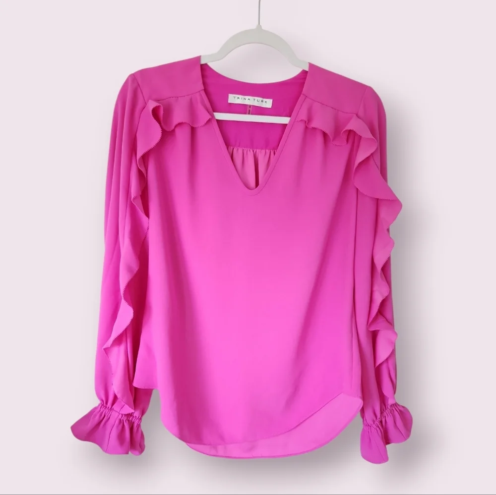 Trina Turk | EUC Owl Top Ruffle Sleeves Flowy Pink Size S - Picture 3 of 8